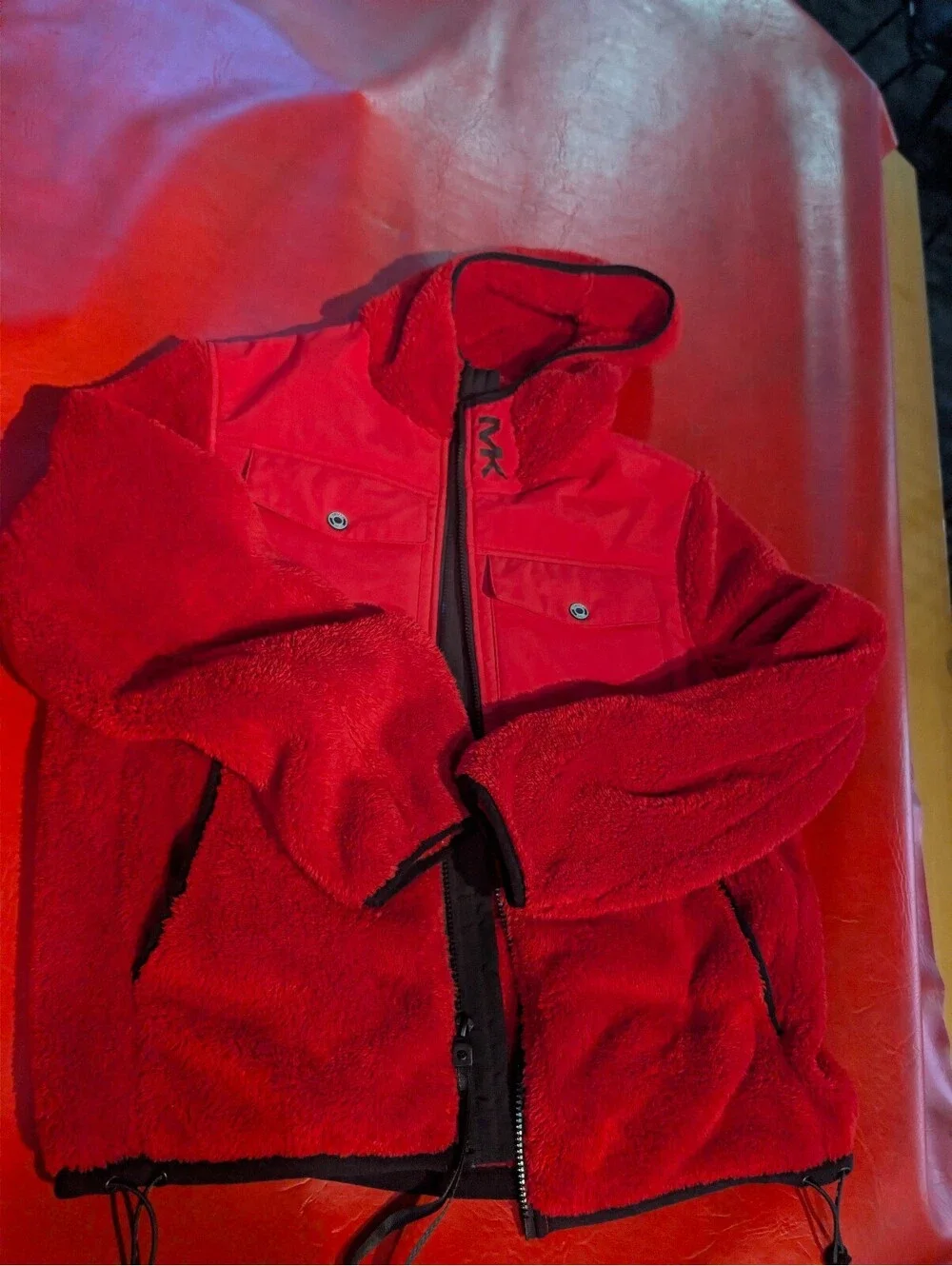 Michael Kors Red Fleece Hooded Jacket with Front Pockets